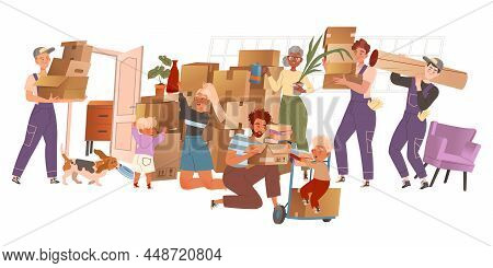 Family Moving To New Apartment. Family Members And Movers Carrying Cardboard Boxes With Household St
