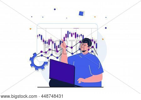 Stock Market Modern Flat Concept For Web Banner Design. Man Analyzes Financial Charts And Statistics