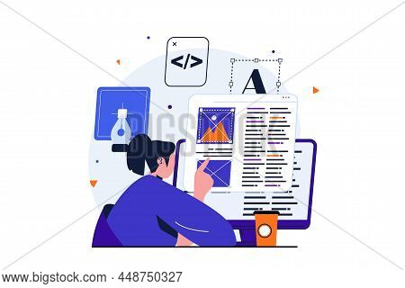 Web Designer Modern Flat Concept For Web Banner Design. Woman Creates And Optimizes Code And Scripts