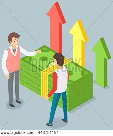 Increase Income With People And Up Raise On Money Bills. Raise Of In Earnings, Wealth Concept. Men D
