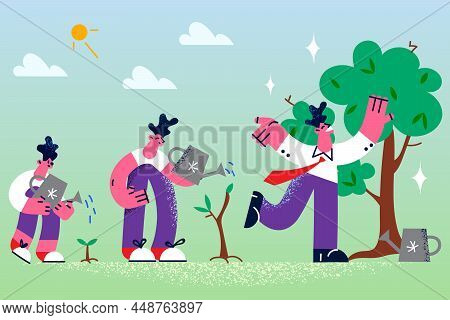 Boy, Teen And Grownup Man Take Care Of Tree On Different Life Stages. From Seedling To Tree Cycle. G