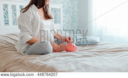 Pragnant Woman Puts Coins Into Piggy Bank. Pregnant With Laptop On Bed. Pregnant Woman Online Shoppi