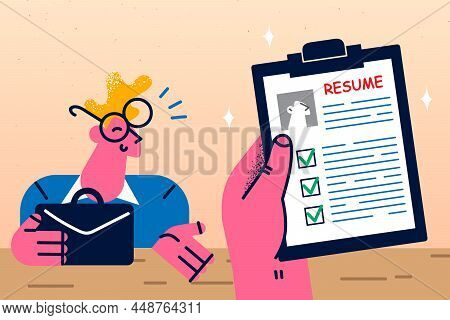 Employer Hold Job Candidate Resume Speak On Interview In Office. Smiling Male Work Applicant Have Re