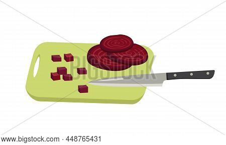 Red Beet Slices And Cubes Cut With Knife On Board. Healthy Vegetables And Delicious Food For Salad, 