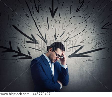 Overwhelmed Businessman Under Pressure Suffers Headache And Anxiety. High Tension, Dismay Concept. F