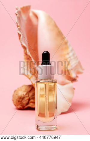 Transparent Glass Cosmetic Bottles With Dropper On A Pink Background With Decor Of Strombus Gigas Se