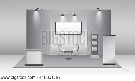 Set Of Realistic Trade Exhibition Stand Or White Blank Exhibition Kiosk Or Stand Booth Corporate Com