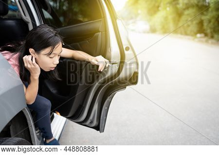 Unhappy Asian Child Girl About To Throw Up From Car Sick Or Indigestion,female Teenage Vomiting In A