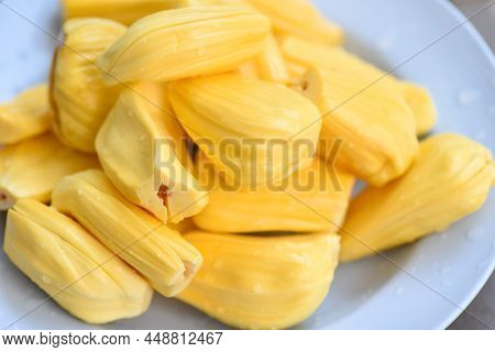 Jackfruit On Plate, Close Up Ripe Jackfruit Peeled Tropical Fruit Fresh From Jackfruit Tree