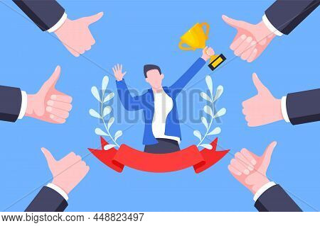 Best Worker Employee Winner With Trophy Cup Inside Award Ribbon And Floral Wreath Flat Style Design 
