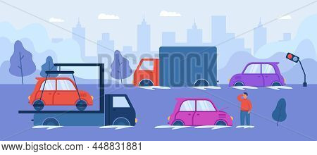 Landscape With Flooded City After Hurricane Or Storm. Cars On Road In Water After Heavy Rain In Spri