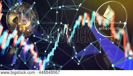 Gold Bitcoins With Candle Stick Graph Chart And Digital Background.golden Coin With Icon Letter B.mi