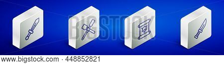Set Isometric Line Medieval Sword, Oars Paddles Boat, Decree, Parchment, Scroll And Dagger Icon. Vec