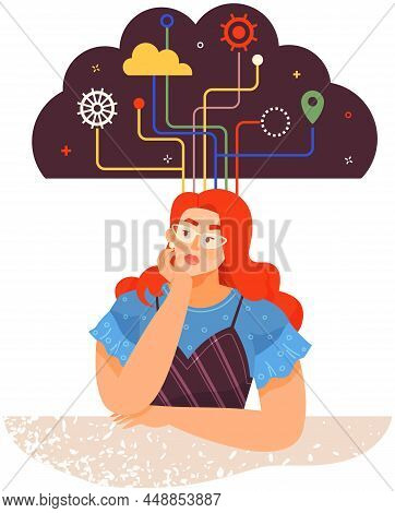 Woman In Process Of Thinking With Mental Mindset Types Or Creative Models To Solve Problem. Lady Wit