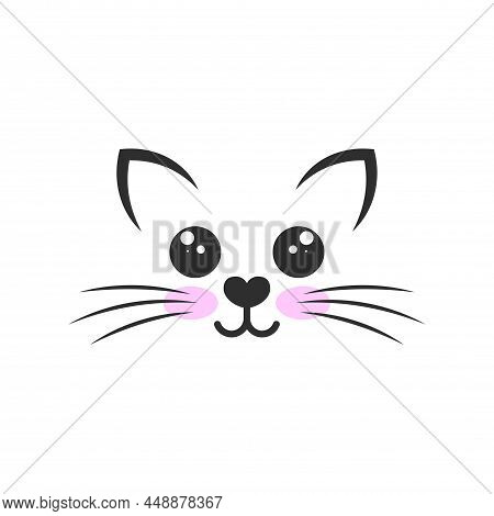 Cute Vector Illustration Of A Cat Head, Drawing Of A Cat Muzzle, Ears And Whiskers. Outline Cat Head