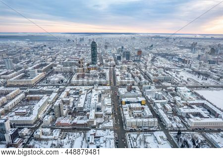 Yekaterinburg Aerial Panoramic View At Winter In Cloudy Day. Karl Liebknecht Street And Lenin Avenue