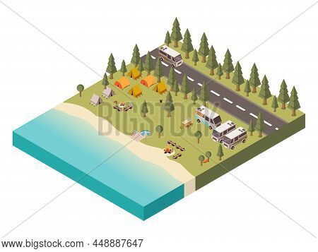 Campsite Near Lake With Umbrella On Beach Bonfire And Tourist Gear Transport And Road Isometric Vect