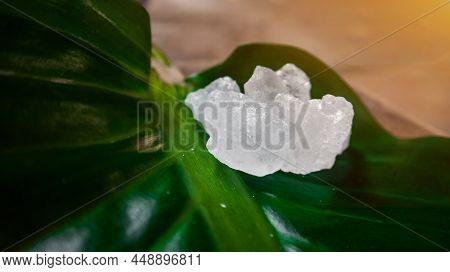 Crystal Clear Alum Cubes Or Potassium Alum On Green Leaf. Chemical Compound Substance. Concept For B