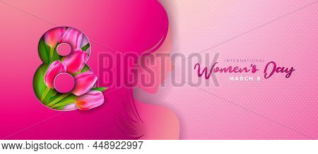 8 March. Happy Womens Day Floral Illustration. International Womens Day Vector Design With Tulip Flo