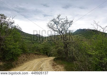 View Of The Road In The Gorge Of The Echki-daga Mountain. Picturesque View Of The Crimean Mountains.