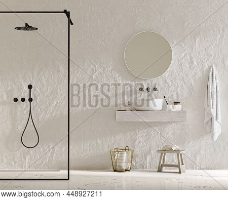 Modern Bathroom Interior With Shower Zone And Dry Zone With Sink And Mirror With Bath Accessories, 3
