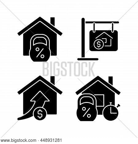 Buying House Black Glyph Icons Set On White Space. Home Mortgage. Accomodation Purchase. Real Estate