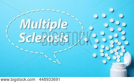 Multiple Sclerosis Treatment. Bottle With Pills On Light Blue Background, Flat Lay