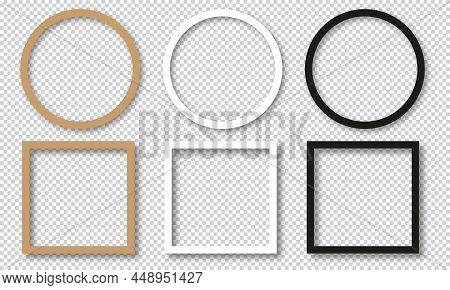 Set Of Empty Picture Frames. Picture Frames Mockup Template For Square And Round Image Or Text