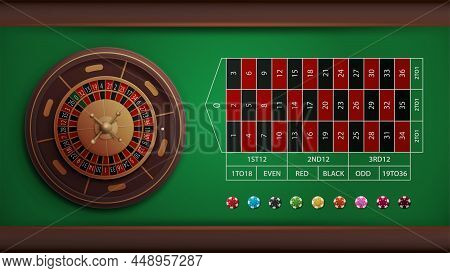 Casino Roulette Table With Poker Chips, Top View. Realistic Vector Illustration.