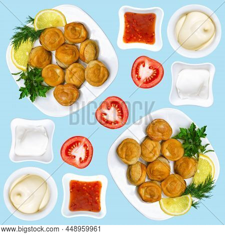 Fried Russian Dumplings With Three Different Types Of Sauce, Lemon And Tomato. Fried Dumplings With 