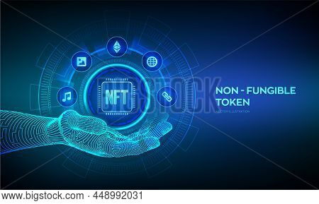 Nft Icon In Robotic Hand. Non-fungible Token Digital Crypto Art Blockchain Technology Concept On Vir