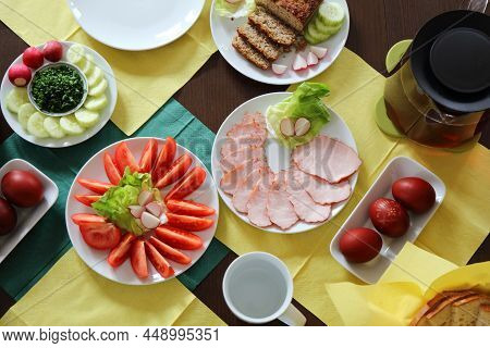 Easter Breakfast Table In Poland. Easter Foods In Europe. Easter In Poland - Wielkanoc.