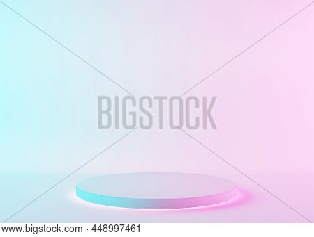 Simple, Round Podium On White Background With Neon Lights. Modern Podium For Product, Cosmetic Prese
