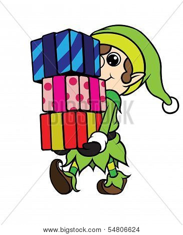Christmas Elf Boy Carrying Pile of Gift