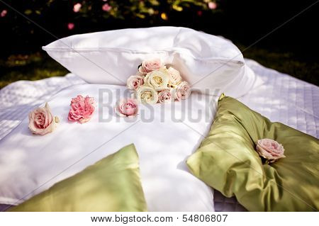Blanket and pillows decorated with roses