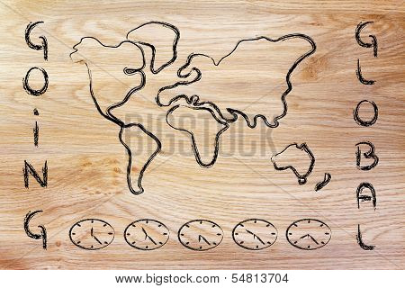 World Map And Time Zone Clocks, Business Going Global