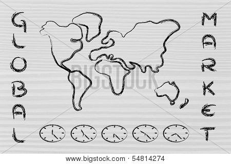 World Map And Time Zone Clocks, Business Going Global