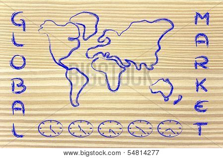 World Map And Time Zone Clocks, Business Going Global
