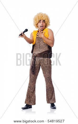 Man with afrocut and mic isolated on white