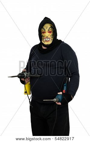 Maniac Holds In Hands One Perforator And Electric Drill