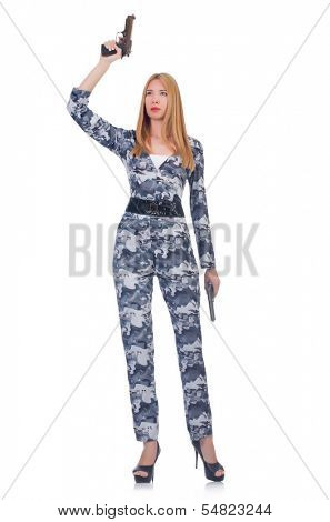 Woman soldier isolated on white