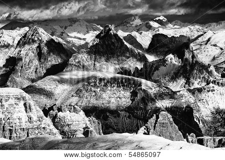 Winter alpine landscape in the Dolomites, Sella Group, Italy, Europe