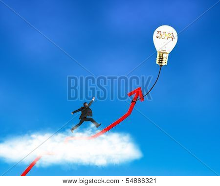 Businessman running on growth red arrow with lamp balloon through cloud in the sky