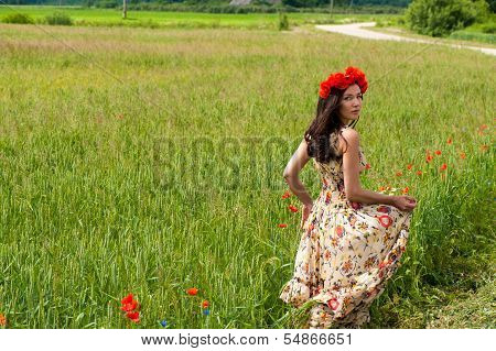 Beautiful Young Brunette Girl Wearing Flower Chaplet In Summer Filed