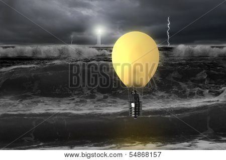 Man Taking Lamp Balloon With Dramatic Ocean, Lightning And Lighthouse