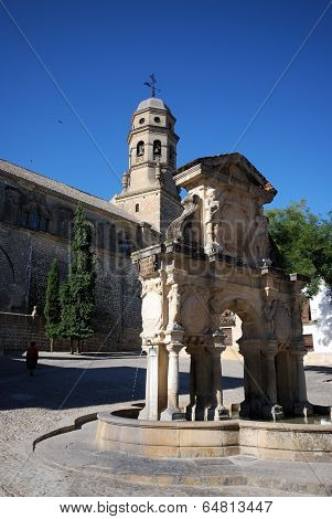 Fountain and Cathedral, Baeza, Spain.
