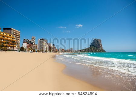 Calpe Alicante Arenal Bol beach with Penon de Ifach mountain in Mediterranean sea of Spain