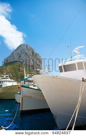 Calpe Alicante fisherboats with Penon de Ifach in Mediterranean Spain