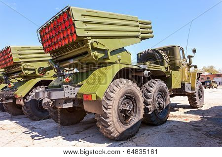 Samara, Russia - May 8, 2014: Bm-21 Grad 122-mm Multiple Rocket Launcher On Ural-375D Chassis