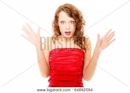 Surprised Woman With Her Hands In The Air Isolated